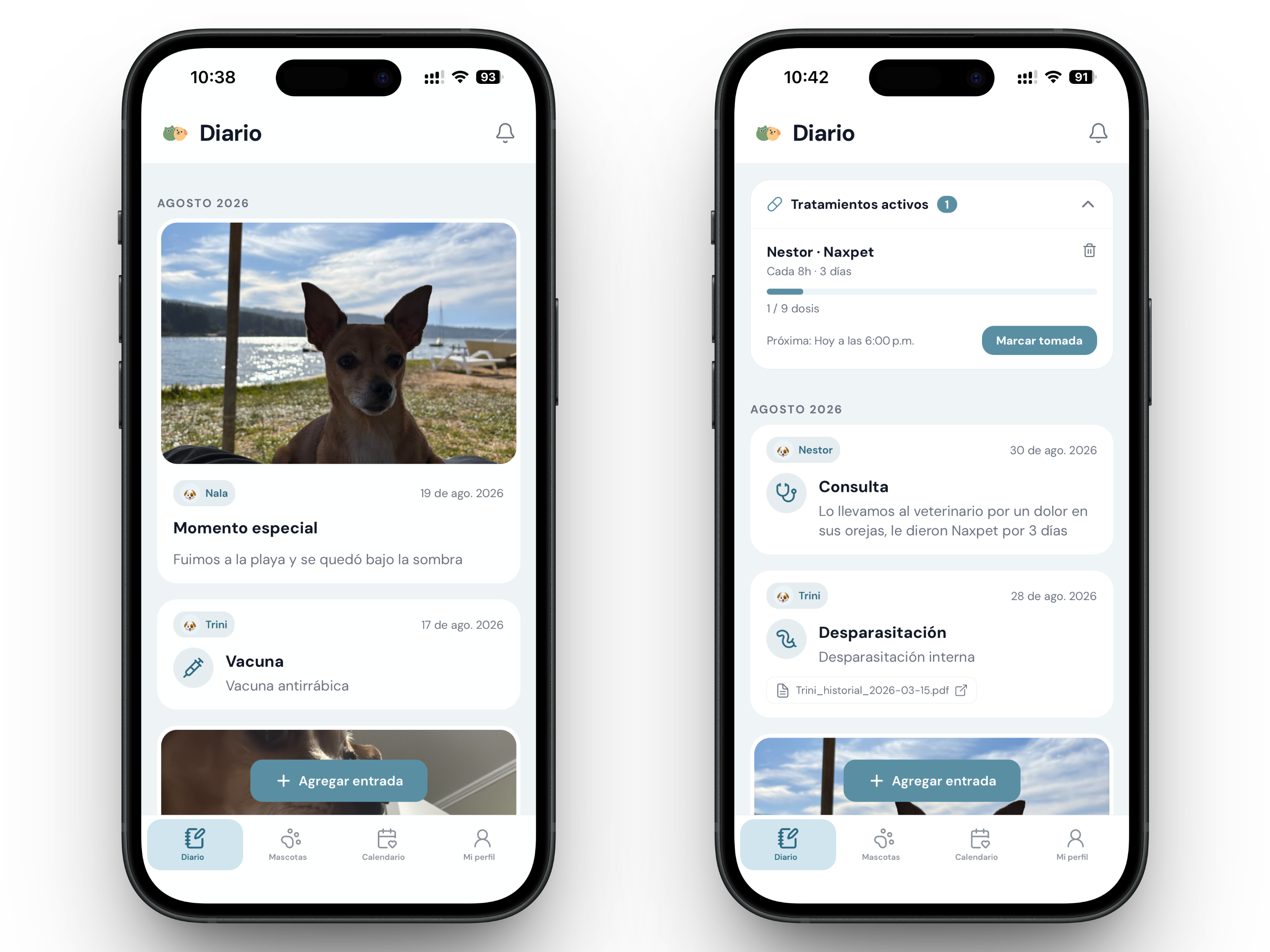 Diario — timeline con recuerdos, eventos médicos y tratamientos