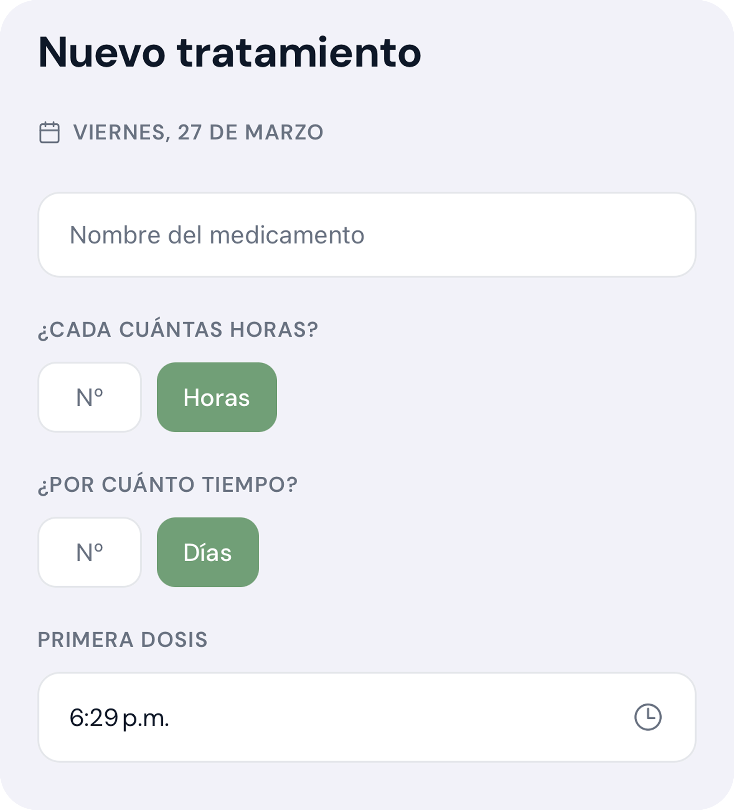 Formulario en dark mode para crear un tratamiento, con campos de frecuencia en horas, duración en días y fecha de primera dosis.